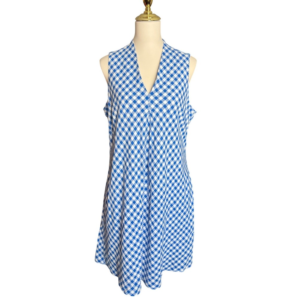 Tommy Bahama Blue White Gingham Linen Blend Sleeveless V-Neck Shift Dress Medium